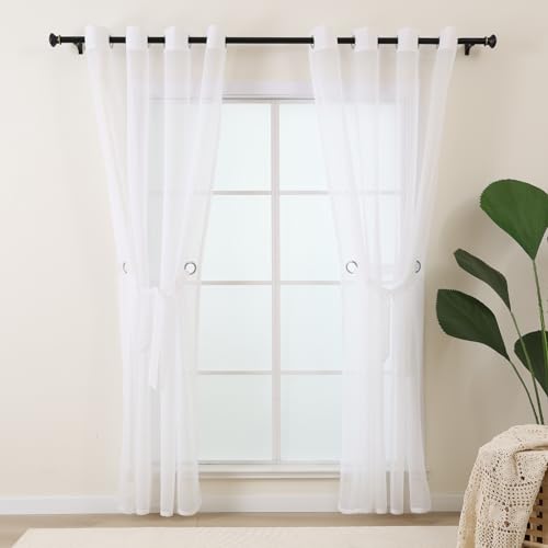 L.Z.E Weiße durchsichtige Vorhänge für Wohnzimmer, 2 Paneele mit Ösen, 160 cm Länge, transparente Vorhänge für Esszimmer, Schlafzimmer, kleine Fenster mit Design (142,2 cm B x 160 cm L, weiß) von L.Z.E