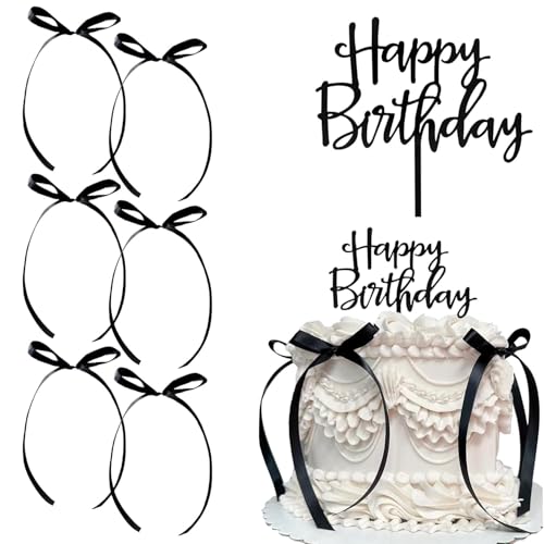 Geburtstagstortenaufsätze, Bogen-Kuchendekoration mit 1 Happy Birthday Tortenaufsatz und 6 schwarzen Schleifenband, Engaged Cake Topper, schwarzer Tortenaufsatz, Kuchendekorationen Zubehör, Geburtstagstortenaufsätze, Bogen-Kuchendekoration mit 1 Happy Birthday Tortenaufsatz und 6 schwarzen Schleifenband, Engaged Cake Topper, schwarzer Tortenaufsatz, Kuchendekorationen Zubehör, von L0famy