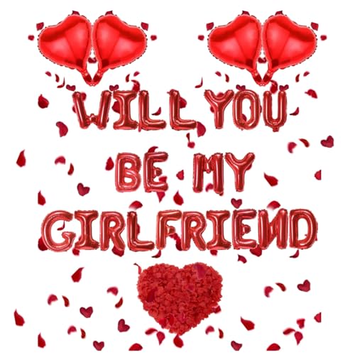 Luftballons mit Aufschrift "Will You Be My Girlfriend", 21 Stück, rote Buchstaben- und Herzform, Luftballons mit 500 künstlichen Rosenblättern, Valentinstagsdekorationen Luftballons mit Aufschrift "Will You Be My Girlfriend", 21 Stück, rote Buchstaben- und Herzform, Luftballons mit 500 künstlichen Rosenblättern, Valentinstagsdekorationen von L0famy