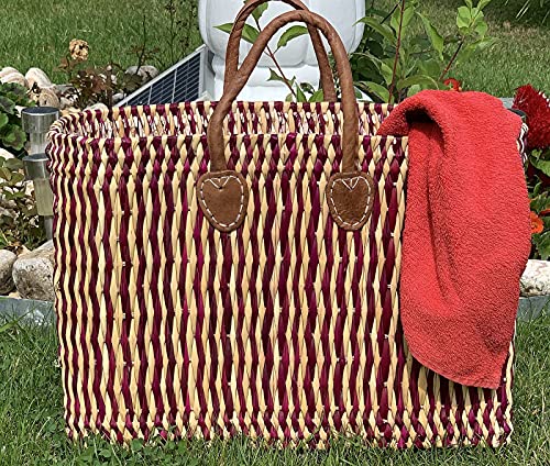 LaFiore24 Korb Einkaufskorb Damen Shopper Natur Handtasche Henkeltasche Naturkorb Gross - Rot von LA FIORE 24