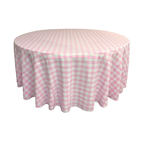 LA Linen Checkered Tablecloth Tischdecke, Polyester, Gingham-Karomuster, rund, 308 cm, rosa/weiß, 120.1 inch (Round) von LA Linen