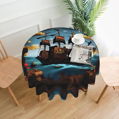 LAABBE Runde dekorative Tischdecke, 152,4 cm, Cartoon-Piratenschiff-Stempel für den Innen- und Außenbereich, auf runden Tischen wie Couchtischen, Esstischen und Bauernhoftischen LAABBE Runde dekorative Tischdecke, 152,4 cm, Cartoon-Piratenschiff-Stempel für den Innen- und Außenbereich, auf runden Tischen wie Couchtischen, Esstischen und Bauernhoftischen von LAABBE