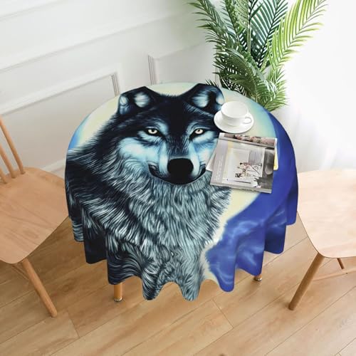 LAABBE Runde dekorative Tischdecke, 152,4 cm, Motiv: Wolf unter dem Mond, für den Innen- und Außenbereich, auf runden Tischen wie Couchtischen, Esstischen und Bauernhoftischen LAABBE Runde dekorative Tischdecke, 152,4 cm, Motiv: Wolf unter dem Mond, für den Innen- und Außenbereich, auf runden Tischen wie Couchtischen, Esstischen und Bauernhoftischen von LAABBE