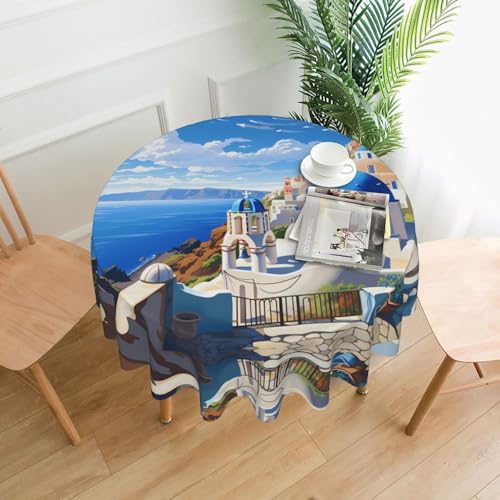 LAABBE Runde dekorative Tischdecke, 152,4 cm, Motiv: griechische Insel mit Meerblick, Stempel für den Innen- und Außenbereich, auf runden Tischen wie Couchtischen, Esstischen und Bauerntischen LAABBE Runde dekorative Tischdecke, 152,4 cm, Motiv: griechische Insel mit Meerblick, Stempel für den Innen- und Außenbereich, auf runden Tischen wie Couchtischen, Esstischen und Bauerntischen von LAABBE