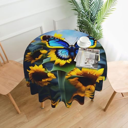 LAABBE Runde dekorative Tischdecke, 152,4 cm, Sonnenblumen-blauer Schmetterlingsstempel für den Innen- und Außenbereich, auf runden Tischen wie Couchtischen, Esstischen und Bauernhoftischen LAABBE Runde dekorative Tischdecke, 152,4 cm, Sonnenblumen-blauer Schmetterlingsstempel für den Innen- und Außenbereich, auf runden Tischen wie Couchtischen, Esstischen und Bauernhoftischen von LAABBE