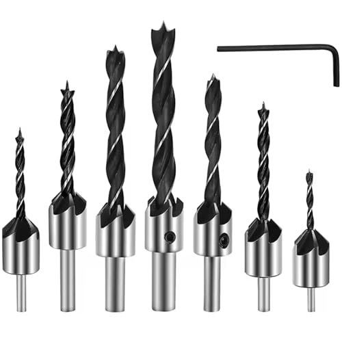 Countersink-Bohrerbitset, 7pcs Holz Countersink-Bohrer mit L-Formschlüssel, mit hohem Kohlenstoffstahl mit Stahl mit hohem Kohlenstoffstahl Spüle 3 4 5 6 7 8 10 mm für Holzarbeiten, Holzbretter, Ho von LAANCOO