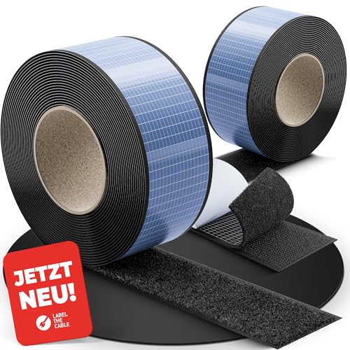 Klettband selbstklebend, extra stark, wasserfest, Outdoor fähig -40°C bis 100°C, Kleben statt Bohren, Klettpunkte zuschneiden, doppelseitiges Klebeband Ersatz - TOUGH TAPE STRAP (Schwarz, 5m - 50mm) von LABEL THE CABLE