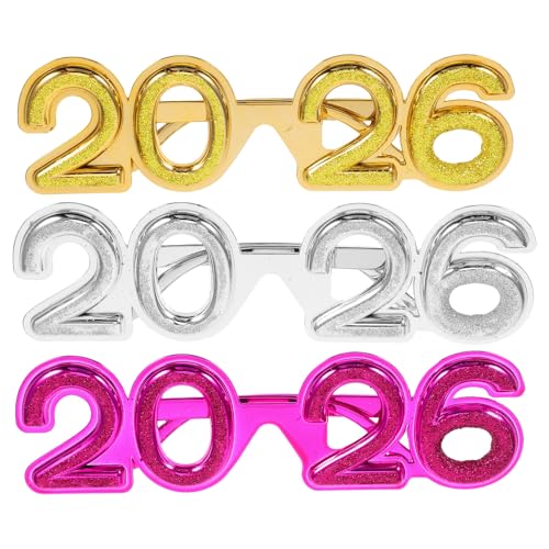 LABRIMP 3-teilige Neujahrsbrillen: 2026, Kunststoff, Silvesterbrille, Urlaubsbrille, neuartige Sonnenbrille, Fotoautomaten-Requisiten, Partygeschenke, Dekorationen von LABRIMP