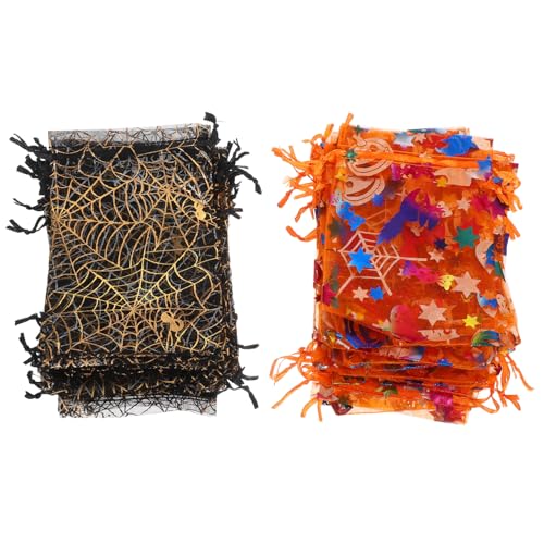 LABRIMP 60 Stück Teiliges Halloween Geschenkbeutel Organza Candy Pouches mit Kürbis und Spinnendesign Transparente Mesh Taschen mit Kordelzug für Süßigkeiten Snacks und Partygeschenke von LABRIMP