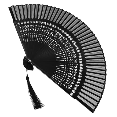 LABRIMP Klassischer Faltbarer Handfächer Damen Tanzfächer Leichter Tragbarer Klappfächer für Sommer und Dekoration Vintage Stil Schwarz mit Filigranem Schneeflocken design von LABRIMP