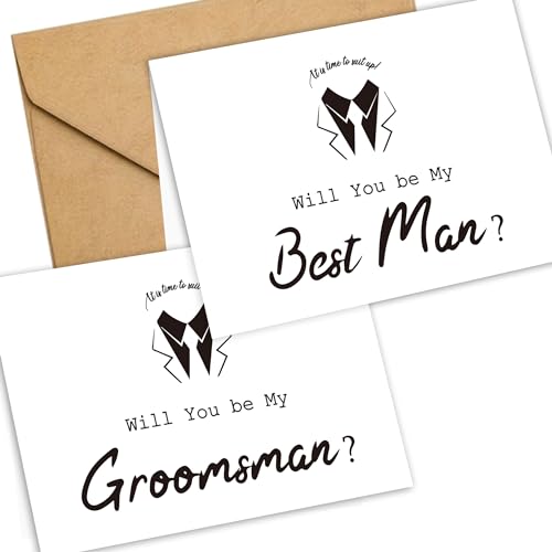 Lady & Home Trauzeugen-Antragskarten, 6 Karten mit Aufschrift "Will You Be My Groomsman and 2 Will You Be My Best Man", mit 8 weißen Umschlägen (weiß-quiggle) von LADY&HOME