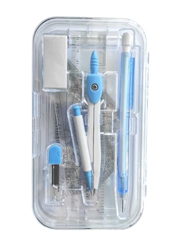 Mathematik-Set, Pastellblau, 8-teiliges Set, Geometrie-Set, quadratisch, 4 Stück, Kompass, Druckbleistift, Bleistiftminen, Radiergummi in einer wiederverwendbaren Kunststoff-Box, schönes von LADYBEE7LES