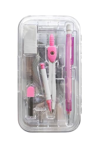 Mathematik-Set, Pastellrosa, 8-teiliges Set, Geometrie-Set, quadratisch, 4 Stück, Kompass, Druckbleistift, Bleistiftminen, Radiergummi in einer wiederverwendbaren Kunststoff-Box, schönes von LADYBEE7LES