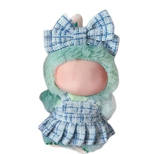 Kleidung für 17 cm Puppen-Outfit, Plüsch-Monsterpuppenkleidung, kariertes Tweed-Kleid, Puppen-Outfit mit Perlenschleife, Zubehör für Puppensammlung (Blau, Einheitsgröße) von LAFUFU