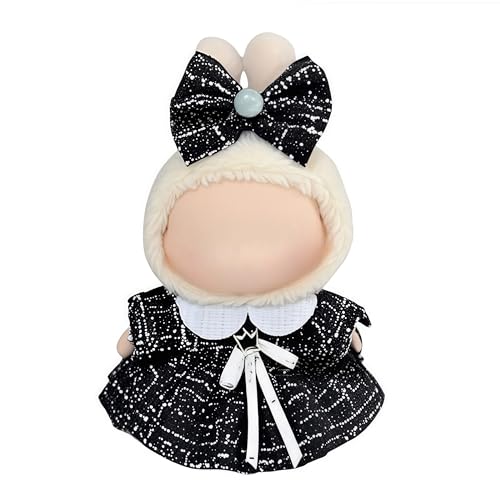 Kleidung für 17 cm Puppen-Outfit, Plüsch-Monsterpuppenkleidung, kariertes Tweed-Kleid, Puppen-Outfit mit Perlenschleife, Zubehör für Puppensammlung (Schwarz 1, Einheitsgröße) von LAFUFU