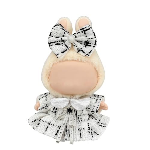 Kleidung für 17 cm Puppen-Outfit, Plüsch-Monsterpuppenkleidung, kariertes Tweed-Kleid, Puppen-Outfit mit Perlenschleife, Zubehör für Puppensammlung (Weiß 2, Einheitsgröße) von LAFUFU