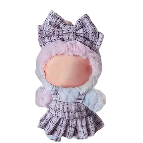 Kleidung für 17 cm Puppen-Outfit, Plüsch-Monsterpuppenkleidung, kariertes Tweed-Kleid, Puppen-Outfit mit Perlenschleife, Zubehör für Puppensammlung (lila, Einheitsgröße) von LAFUFU