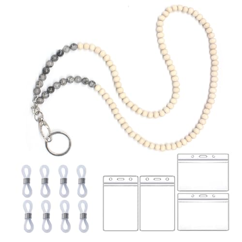 LAGAHS Lanyard mit 4PCS ID-Halter und 8PCS Gummi-End-Verbinder, stilvolles Naturstein-Holzperlen-Lanyard, ID-Ausweishalter Halsband für Brillen und Atemschutzgeräte von LAGAHS