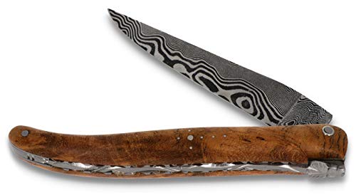 Laguiole en Aubrac Messer 12 cm - Griffschalen Teakholz plein manche - Zisellierte Platine - Damastklinge - Frankreich Taschenmesser von Laguiole en Aubrac