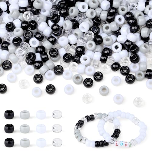 LAIDANLA 1000 schwarze und weiße Pony-Perlen für Armbänder, 6 x 9 mm, Haarperlen für Zöpfe, Kunststoffperlen, Großpackung für Bastelarbeiten, Schmuckherstellung, Halsketten, Schlüsselanhänger von LAIDANLA