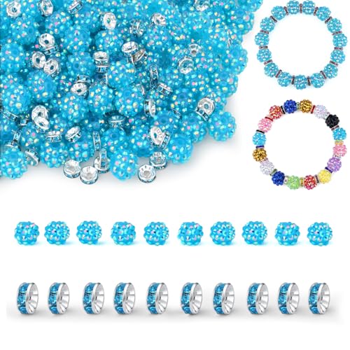 LAIDANLA 50 Stück 12 mm blaue Strass-Perlen und 200 Stück 8 mm Rondelle-Abstandshalter für DIY-Stifte, glitzernde Shamballa-Disco-Ton-Perlen für Schmuckherstellung, Armbänder, Halsketten von LAIDANLA