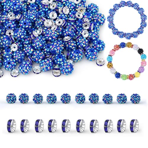 LAIDANLA 50 Stück 12 mm dunkelblaue Strassperlen und 200 Stück 8 mm Rondelle-Abstandshalter für selbstgemachte Perlenstifte, glitzernde Shamballa-Disco-Ton-Perlen für Schmuckherstellung, Armbänder von LAIDANLA