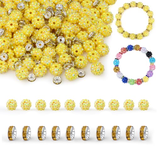 LAIDANLA 50 Stück 12 mm gelbe Strassperlen und 200 Stück 8 mm Rondelle-Abstandshalter für DIY-Stifte, glitzernde Shamballa-Disco-Ton-Perlen für Schmuckherstellung, Armbänder, Halsketten, Ohrringe von LAIDANLA