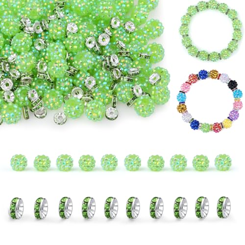 LAIDANLA 50 Stück 12 mm grüne Strassperlen und 200 Stück 8 mm Rondelle-Abstandshalter für selbstgemachte Perlenstifte, glitzernde Shamballa-Disco-Ton-Perlen für Schmuckherstellung, Armbänder von LAIDANLA