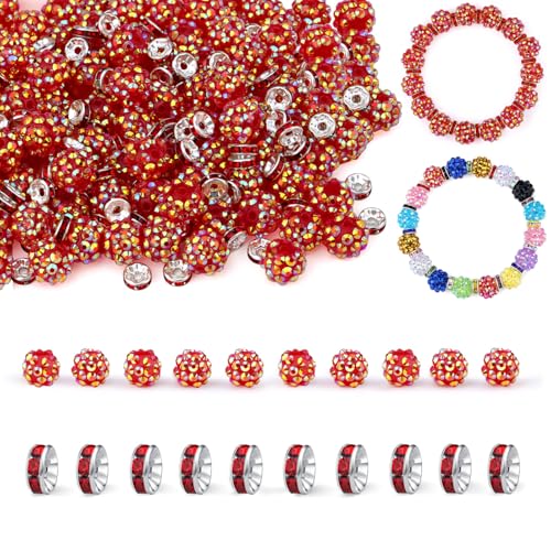 LAIDANLA 50 Stück 12 mm rote Strassperlen und 200 Stück 8 mm Rondelle Abstandshalter Perlen für DIY Perlenstifte, glitzernde Shamballa-Disco-Ton-Perlen für Schmuckherstellung, Armbänder, Halsketten von LAIDANLA