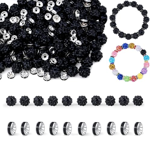 LAIDANLA 50 Stück 12 mm schwarze Strass-Perlen und 200 Stück 8 mm Rondelle-Abstandshalter für DIY-Stifte, glitzernde Shamballa-Disco-Ton-Perlen für Schmuckherstellung, Armbänder, Halsketten von LAIDANLA