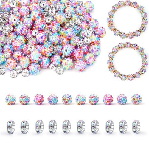 LAIDANLA 50 Stück bunte Strass-Perlen 12 mm und 200 Stück 8 mm Rondelle-Abstandshalter für DIY-Stifte, glitzernde Shamballa-Disco-Ton-Perlen für Schmuckherstellung, Armbänder, Halsketten von LAIDANLA