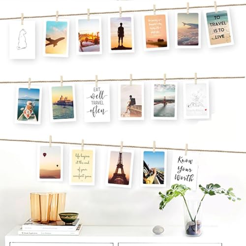 LAINIKE Hängende Foto Display, Fotowand, 10 Meter Fotoleine, Fotoseil, DIY Bilderrahmen Wanddekoration, mit 30 Mini-Holz-Klammern und 6 spurlosen Nägeln Fotoaufhängung von LAINIKE