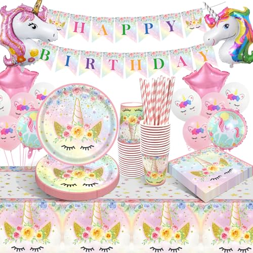 Einhorn Deko Kindergeburtstag, Einhorn Partygeschirr Set, Pappteller Kindergeburtstag mit Luftballons Servietten Becher Tischdecke für Mädchen Kinder Einhorn Party Deko 16 Gäste Einhorn Deko Kindergeburtstag, Einhorn Partygeschirr Set, Pappteller Kindergeburtstag mit Luftballons Servietten Becher Tischdecke für Mädchen Kinder Einhorn Party Deko 16 Gäste von LAISLLA
