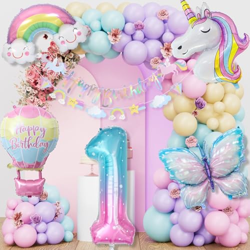 Einhorn Geburtstagsdeko Mädchen, 1 Jahre Schmetterling Geburtstag Deko, Einhorn Deko Kindergeburtstag, 1-10 Jahre Happy Birthday Deko, Einhorn Luftballons für 1. Geburtstag Mädchen Deko von LAISLLA