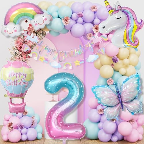 Einhorn Geburtstagsdeko Mädchen, 2 Jahre Schmetterling Geburtstag Deko, Einhorn Deko Kindergeburtstag, 1-10 Jahre Happy Birthday Deko, Einhorn Luftballons für 2. Geburtstag Mädchen Deko von LAISLLA