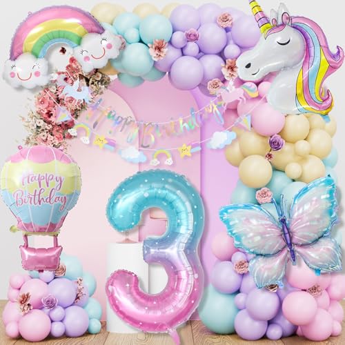 Einhorn Geburtstagsdeko Mädchen, 3 Jahre Schmetterling Geburtstag Deko, Einhorn Deko Kindergeburtstag, 1-10 Jahre Happy Birthday Deko, Einhorn Luftballons für 3. Geburtstag Mädchen Deko von LAISLLA