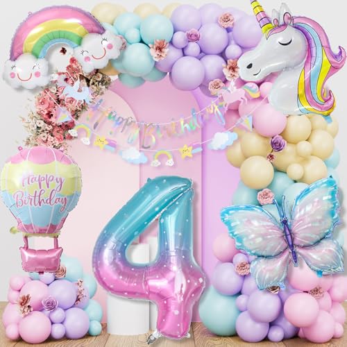 Einhorn Geburtstagsdeko Mädchen, 4 Jahre Schmetterling Geburtstag Deko, Einhorn Deko Kindergeburtstag, 1-10 Jahre Happy Birthday Deko, Einhorn Luftballons für 4. Geburtstag Mädchen Deko von LAISLLA