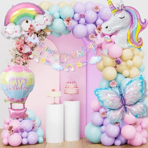 Einhorn Geburtstagsdeko Mädchen, Schmetterling Geburtstag Deko, Einhorn Deko Kindergeburtstag, 1-10 Jahre Happy Birthday Deko, Einhorn Luftballons für Geburtstag Mädchen Deko von LAISLLA
