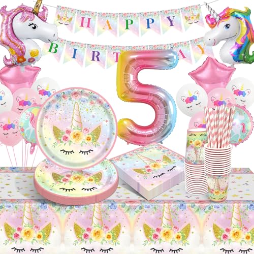 Einhorn Partygeschirr Set, 5 Jahre Einhorn Geburtstag Party Geschirr, Pappteller Kindergeburtstag mit Luftballons Servietten Becher Tischdecke für Mädchen Kinder 5 Jahre Einhorn Party Deko 16 Gäste Einhorn Partygeschirr Set, 5 Jahre Einhorn Geburtstag Party Geschirr, Pappteller Kindergeburtstag mit Luftballons Servietten Becher Tischdecke für Mädchen Kinder 5 Jahre Einhorn Party Deko 16 Gäste von LAISLLA
