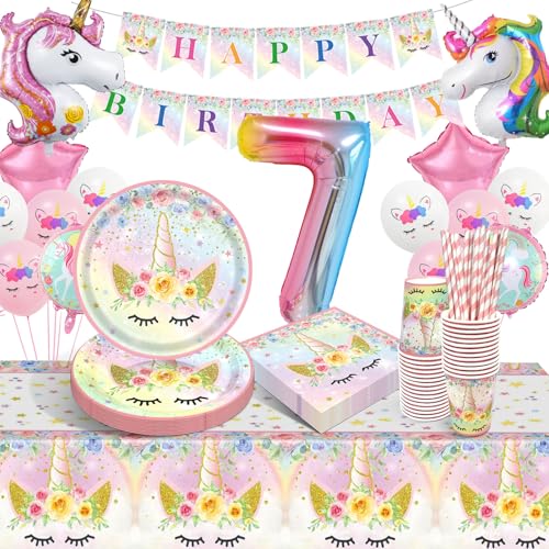 Einhorn Partygeschirr Set, 7 Jahre Einhorn Geburtstag Party Geschirr, Pappteller Kindergeburtstag mit Luftballons Servietten Becher Tischdecke für Mädchen Kinder 7 Jahre Einhorn Party Deko 16 Gäste Einhorn Partygeschirr Set, 7 Jahre Einhorn Geburtstag Party Geschirr, Pappteller Kindergeburtstag mit Luftballons Servietten Becher Tischdecke für Mädchen Kinder 7 Jahre Einhorn Party Deko 16 Gäste von LAISLLA