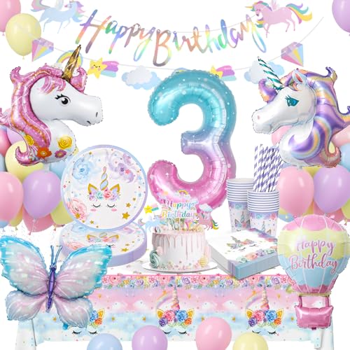 Einhorn Partygeschirr Set, Einhorn Geburtstagsdeko 3 Jahre Mädchen, Geburtstag Party Geschirr, Pappteller Kindergeburtstag mit Einhorn Luftballons für 3. Geburtstag Mädchen Deko von LAISLLA