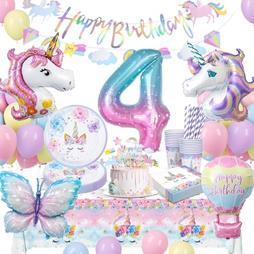 Einhorn Partygeschirr Set, Einhorn Geburtstagsdeko 4 Jahre Mädchen, Geburtstag Party Geschirr, Pappteller Kindergeburtstag mit Einhorn Luftballons für 4. Geburtstag Mädchen Deko von LAISLLA