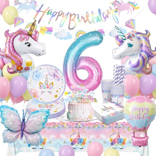 Einhorn Deko Kindergeburtstag - Partygeschirr Geburtstagsdeko 6 Jahre Mädchen, Party Geschirr, Pappteller Mit Luftballons für 6. Geburtstag Mädchen von LAISLLA