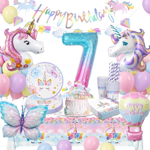 Einhorn Partygeschirr Set, Geburtstagsdeko 7 Jahre Mädchen, Party Geschirr, Pappteller Kindergeburtstag Mit Luftballons für 7. Geburtstag Mädchen Deko von LAISLLA