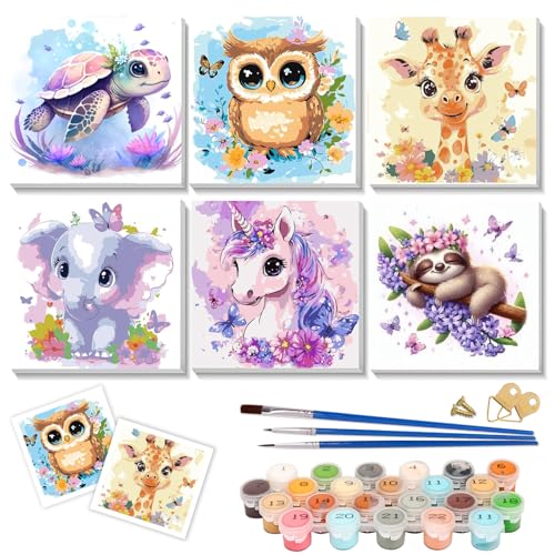LAISLLA Malen nach Zahlen Kinder Tiere ab 5 6 7 8 9 Jahre Mädchen und Jungen, Paint by Numbers Erwachsene und Kinder mit Pinseln Acryl-Pigmentmalerei Zeichnung ohne Rahmen 20x20cm 6 Stück Tier von LAISLLA