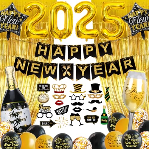 Silvester Deko 2025 XXL, Schwarz Gold Neujahr Silvesterdeko 2025, Happy New Year Girlande, Deko Silvester Party 2025 mit Luftballons Foto Requisite Glitzer Vorhänge Accessoire für Silvesterparty Silvester Deko 2025 XXL, Schwarz Gold Neujahr Silvesterdeko 2025, Happy New Year Girlande, Deko Silvester Party 2025 mit Luftballons Foto Requisite Glitzer Vorhänge Accessoire für Silvesterparty von LAISLLA