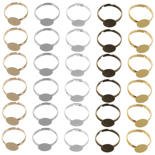 LALAFINA 100 Stück Teiliges Verstellbares Ringrohling Flache Metallringe mit Rundem Cabochon lünette tray Größenanpassung für Schmuckherstellung DIY Ringbasis für Perlen und Edelsteine von LALAFINA
