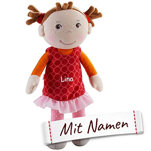 LALALO Stoffpuppe Mirka mit Namen Bestickt, weiche Erste Baby Puppe mit Kleidung und Haaren, ab 1 Jahr Kuschelpuppe Taufgeschenk, Anziehpuppe Kuschelpuppe 305041 von LALALO