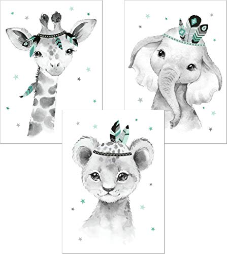 LALELU-Prints | A4 Bilder Kinderzimmer Poster | Zauberhafte Indianer-Tiere Boho Feder mint | Babyzimmer Deko Junge Mädchen | 3er Set Kinderbilder (DIN A4 ohne Rahmen) von LALELU-Prints