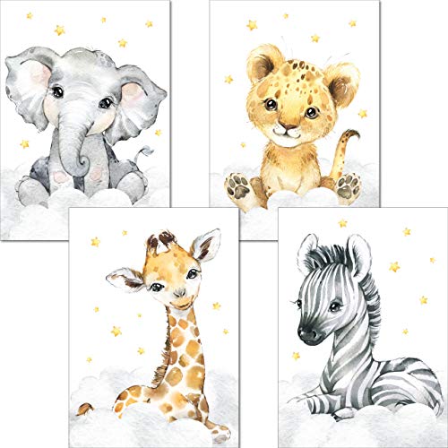 LALELU-Prints Bilder Kinderzimmer Poster Babyzimmer Deko Mädchen Jungen Kinderbilder Set Kinderzimmerbilder (Safari Tiere A3 4er Set) von LALELU-Prints